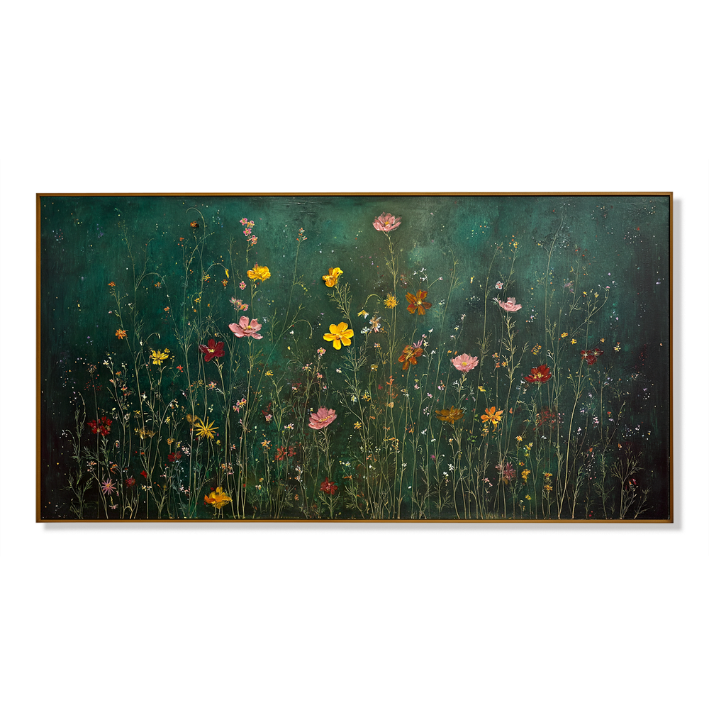 Midnight Meadow Symphony Panoramic Floral Wall Art Hand Painted Wildflower Canvas hand-painted wall art