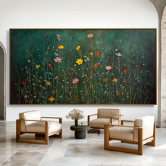 Midnight Meadow Symphony Panoramic Floral Wall Art Hand Painted Wildflower Canvas