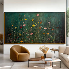 Midnight Meadow Symphony Panoramic Floral Wall Art Hand Painted Wildflower Canvas