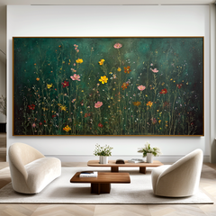 Midnight Meadow Symphony Panoramic Floral Wall Art Hand Painted Wildflower Canvas