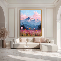 Blooming Peaks – Textured Mountain Sunset Landscape Oil Painting, Wildflower Wall Art