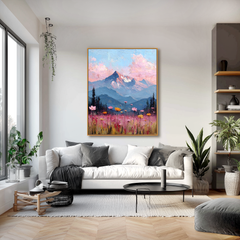 Blooming Peaks – Textured Mountain Sunset Landscape Oil Painting, Wildflower Wall Art