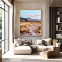 Valley in Bloom – Textured Wildflower Landscape Oil Painting, Mountain Wall Art