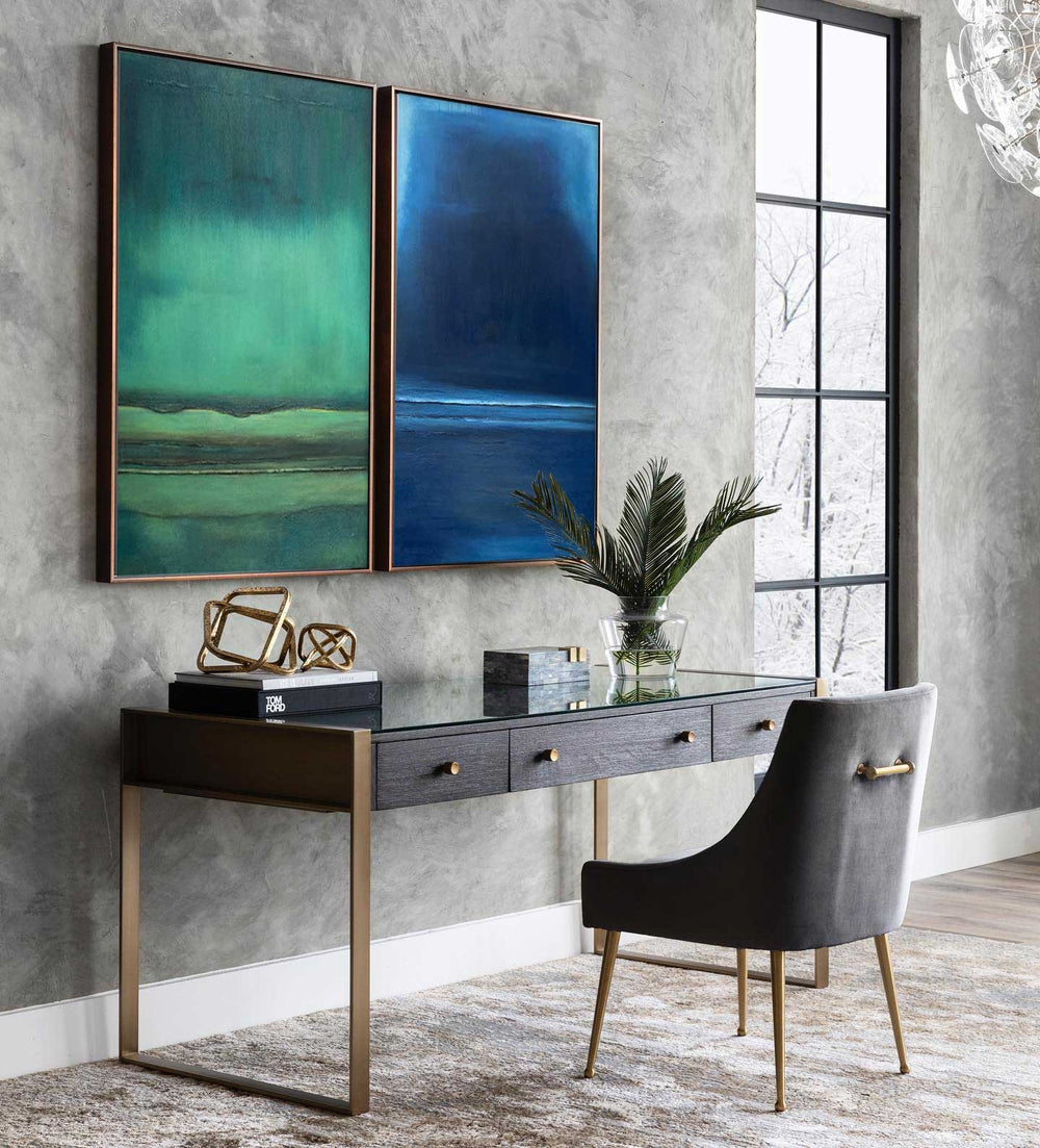 Set of 2 Blue And Green Minimalist Abstract Oil Paintings Contemporary Canvas Wall Art For Living Room