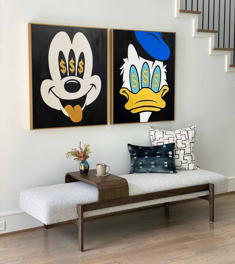 Set of 2 Large Abstract Modern Square Original Oil Paintings On Canvas Graffiti Disney Characters Wall Art