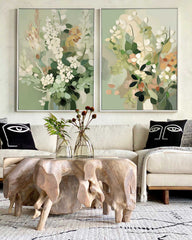 Set of 2 Green Abstract Oil Paintings Impressionism Flower Canvas Wall Art Floral Spring Artwork