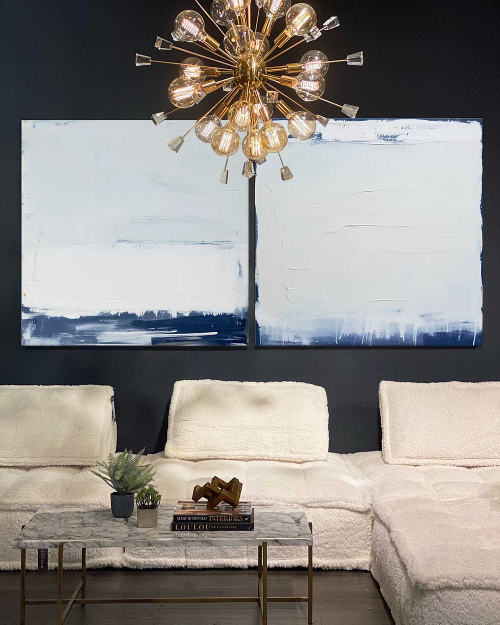 Set of 2 Large Abstract Modern Blue And White Square Original Minimalist Oil Paintings On Canvas Texture Wall Art Living Room Decor