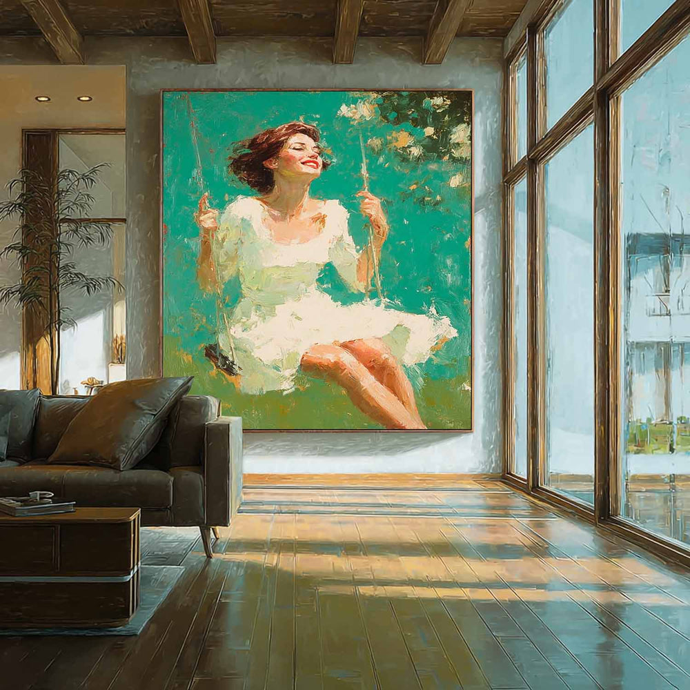 Custom Oil Painting of Woman On Swing Unique Modern Art for Wall Decor One-Of-A-Kind Handpainted Artwork