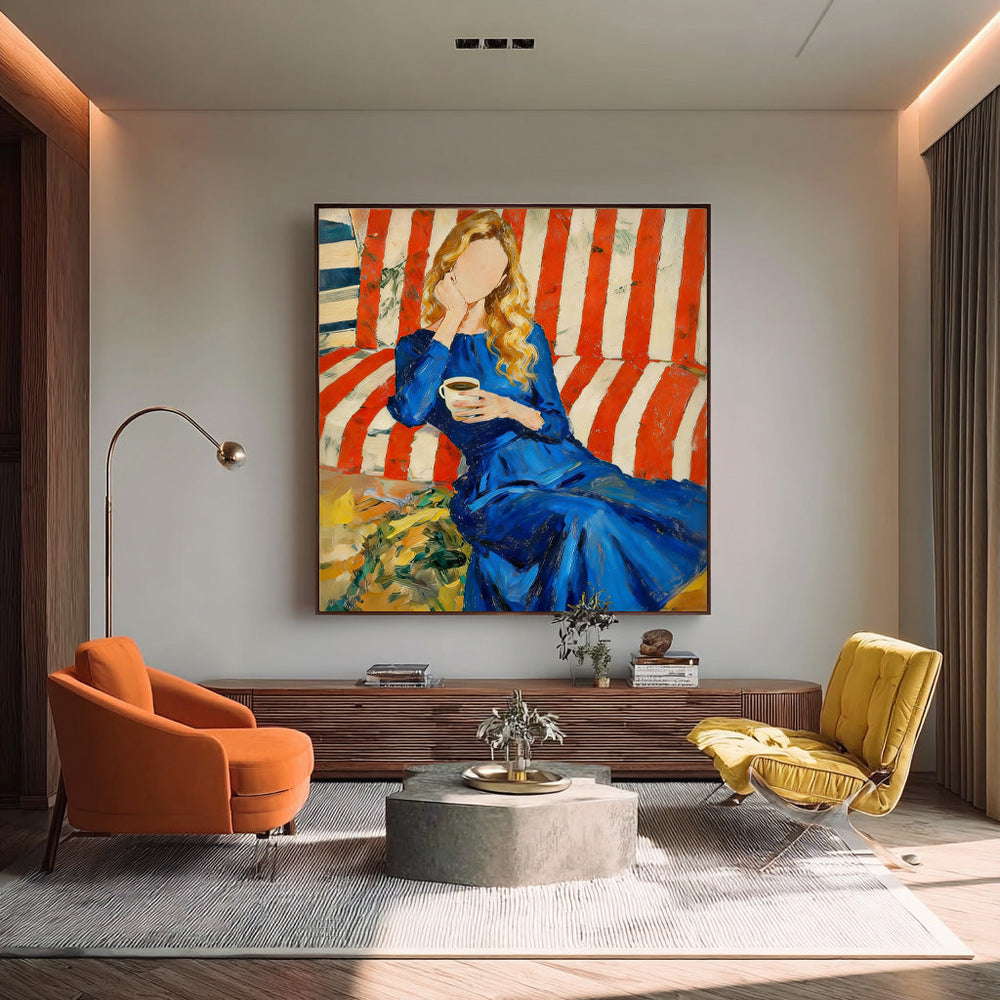 Faceless Woman Portrait Oil Painting Modern Blue Dress & Red Striped Sofa Canvas Art Vibrant Abstract Wall Decor