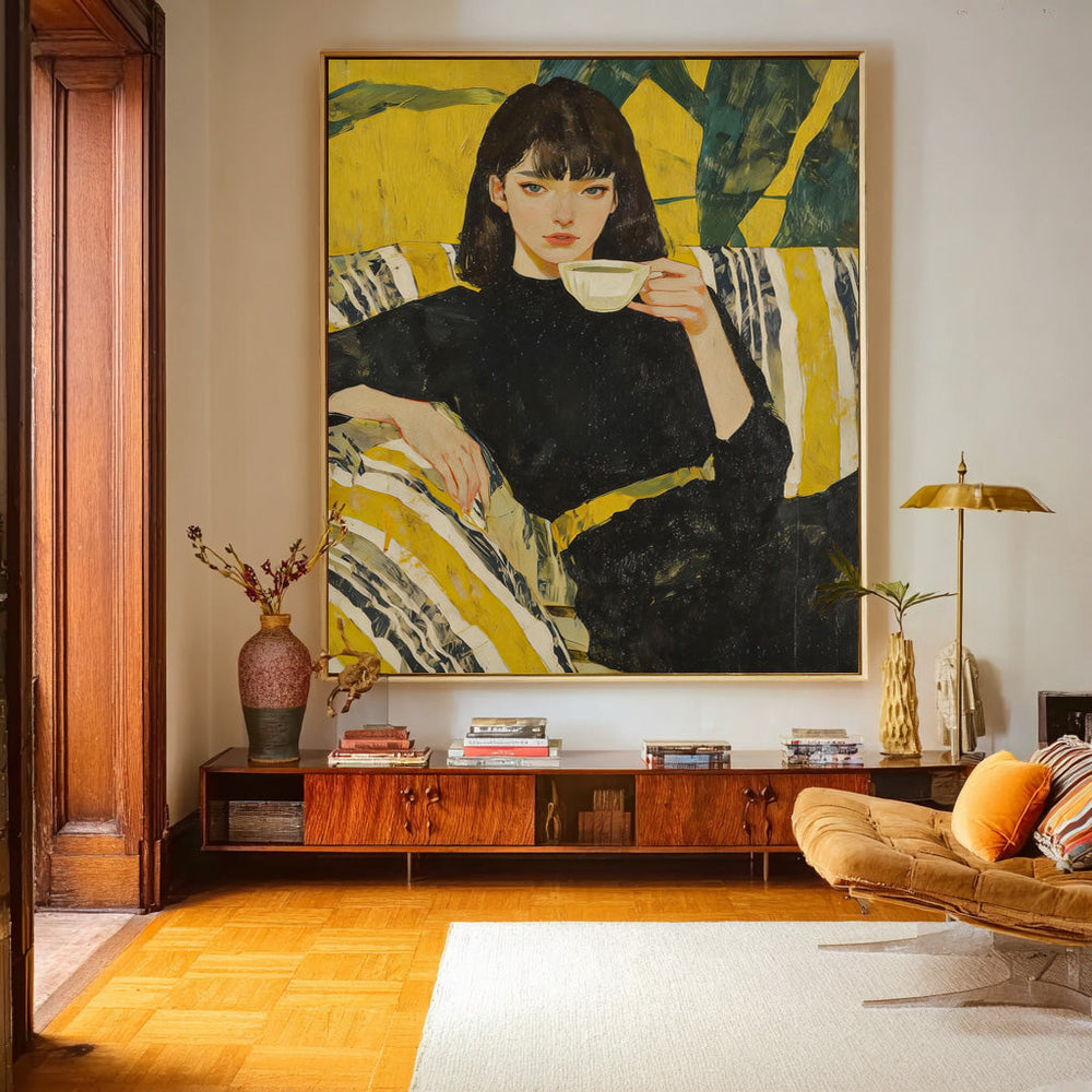 Sophisticated Female Portrait Oil Painting Elegant Woman Canvas Art Mid-Century Modern Style Wall Decor