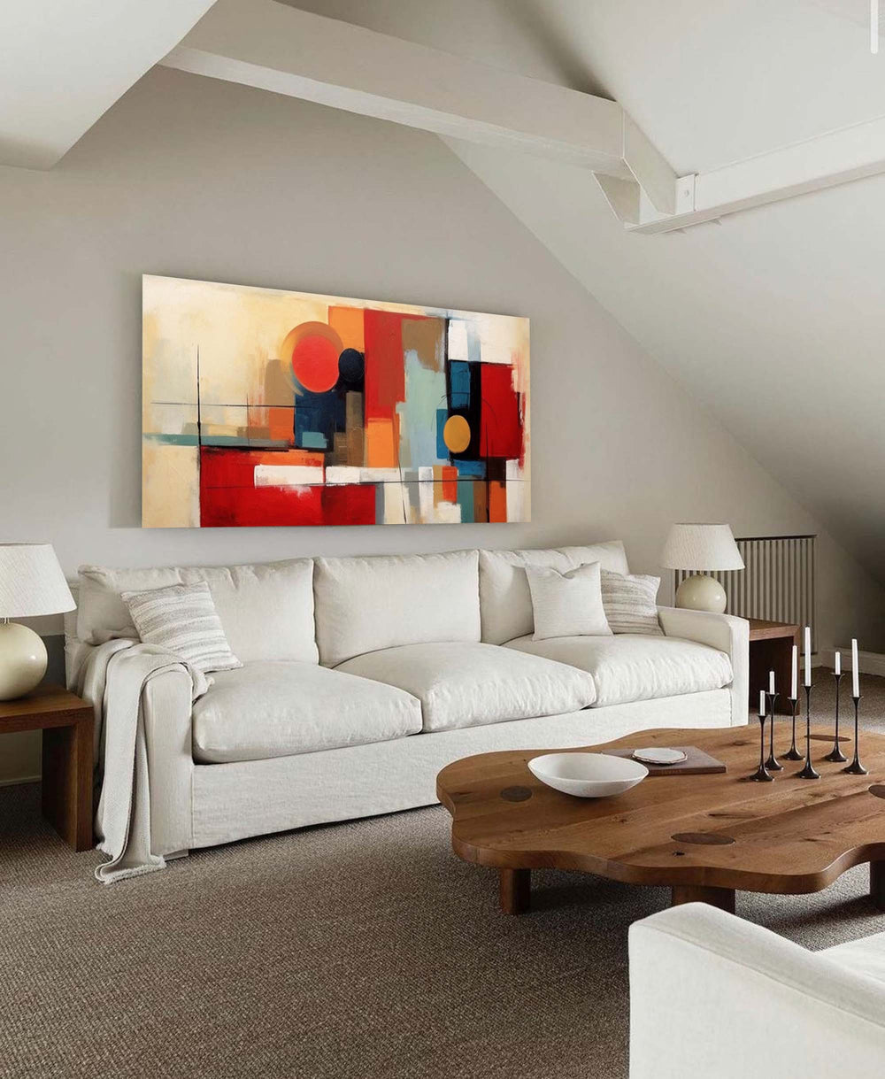 Red Original Abstract Oil Painting On Canvas Geometric Large Composition Artwork Framed Living Room Decor