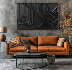 Monochrome Textured Elegance: Impasto Style Black Abstract Wall Art