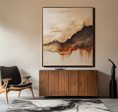 Horizon Flames- Abstract Textured Oil Painting, Neutral Tones with Dripping Effect Wall Art