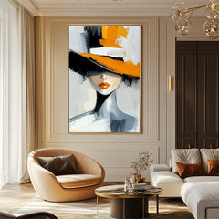 Elegant Lady: Stylish Abstract Fashion Art with Orange Hat – Unique Wall Decor for Contemporary Interiors