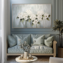 Ethereal Blooms -White Floral Abstract Oil Painting, Elegant Modern Framed Flower Artwork