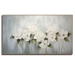 Ethereal Blooms -White Floral Abstract Oil Painting, Elegant Modern Framed Flower Artwork