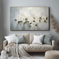 Ethereal Blooms -White Floral Abstract Oil Painting, Elegant Modern Framed Flower Artwork