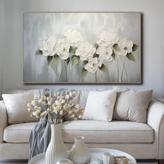 Ethereal Blooms -White Floral Abstract Oil Painting, Elegant Modern Framed Flower Artwork