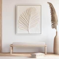 Textured Leaf Relief Wall Art – Framed Neutral-Tone Palm Leaf Decor