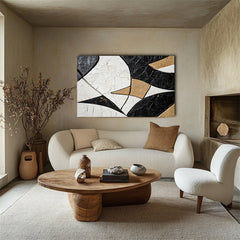 Harmony in Geometry:Geometric Abstract Art in Black Gold and White – Contemporary Wall Decor