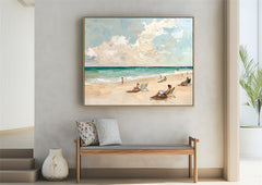 Tranquil Beach Moments – Impressionist Beach Oil Painting: People Relaxing on Sandy Shore
