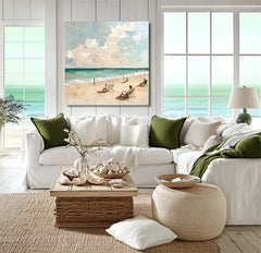 Tranquil Beach Moments – Impressionist Beach Oil Painting: People Relaxing on Sandy Shore
