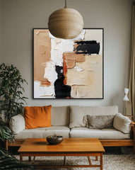 Impasto Abstract Oil Painting with Black, Beige & – Textured Abstract Wall Art