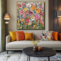 Floral Meadow Symphony-Colorful Abstract Floral Canvas Painting for Modern Wall Decor