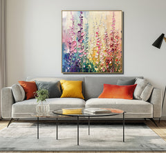 Floral Symphony-Modern Rainbow Floral Wall Art – Textured Oil Painting of Flowers in Field