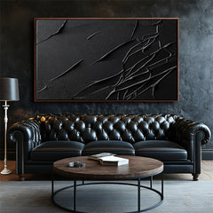 Cracked Serenity: Large Black Abstract Art with Cracked Lines – Minimalist Modern Wall Decor
