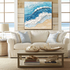 Crashing Waves: Blue White Textured Ocean Wave Painting – Textured Seascape Wall Art