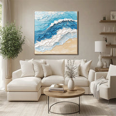 Crashing Waves: Blue White Textured Ocean Wave Painting – Textured Seascape Wall Art