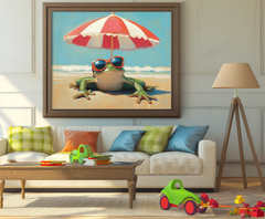 Chill Frog: Funny Frog on Beach with Sunglasses – Textured Seascape Wall Art