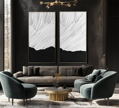 Monochrome Harmony: Large Black & White Abstract Diptych Art – Minimalist Wall Decor for Modern Spaces