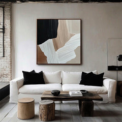 Earthbound Harmony: Textured Abstract Oil Painting with Black – Wabi-Sabi Textured Abstract Wall Art