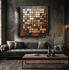 Earthy Gradient Grid: Modern Abstract 3D Square Wall Art – Brown and Gold Hues Accent Piece