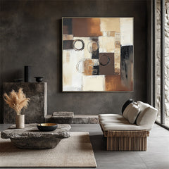 Eclipse Harmony: Textured Abstract Oil Painting with Brown – Wabi-Sabi Textured Abstract Wall Art