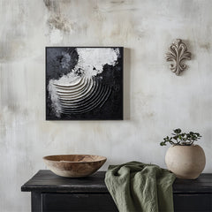 Eclipse Waves: 3D Textured Black & White Abstract – Textured Seascape Wall Art