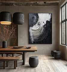 Eclipse Waves: 3D Textured Black & White Abstract – Textured Seascape Wall Art