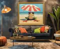 Chill Frog: Funny Frog on Beach with Sunglasses & Umbrella – Textured Seascape Wall Art