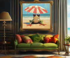 Chill Frog: Funny Frog on Beach with Sunglasses & Umbrella – Textured Seascape Wall Art