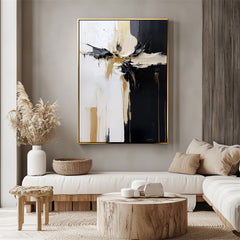 Divergent Flow: Thick Texture Abstract Artwork – Black, White & Gold for Living Room Wall