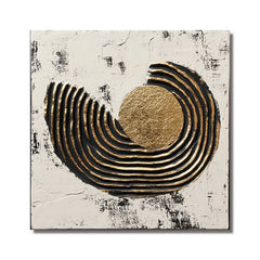 Golden Eclipse: Textured Abstract Gold Circular Oil Painting – Textured Geometric Wall Art