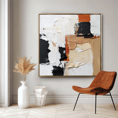 Golden Harmony: Impasto Abstract Oil Painting with Black – Textured Abstract Wall Art