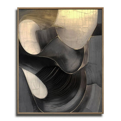 Ethereal Flow: Modern Textured Black White & Gold Abstract Art – Elegant Curved Lines Decor