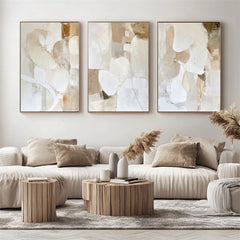 Golden Glow : Contemporary Impasto Triptych Art – Stylish Beige & Brown Wall Decor