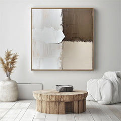 Neutral Blocks Harmony- Abstract Oil Painting with Brown – Wabi-Sabi Textured Abstract Wall Art