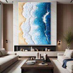 Ocean Edge: Textured Coastal Ocean Wave & Beach Oil Painting – Home Wall Decor Art
