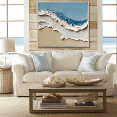 Ocean Serenity Waves: Blue White Abstract Seaside Wave – Textured Seascape Wall Art