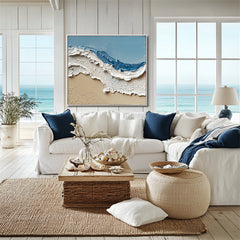 Ocean Serenity Waves: Blue White Abstract Seaside Wave – Textured Seascape Wall Art